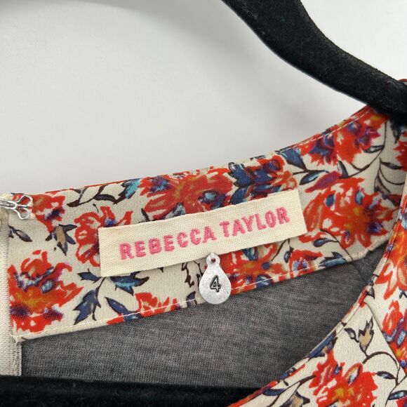 REBECCA TAYLOR Sweet William Red Beige Floral Print Shift Mini Dress Size 4 - Picture 9 of 10